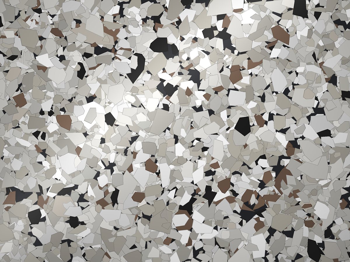 Rendered swatch of Canyon flake colors: taupe, off-white, warm white, white, warm light gray, black, chocolate