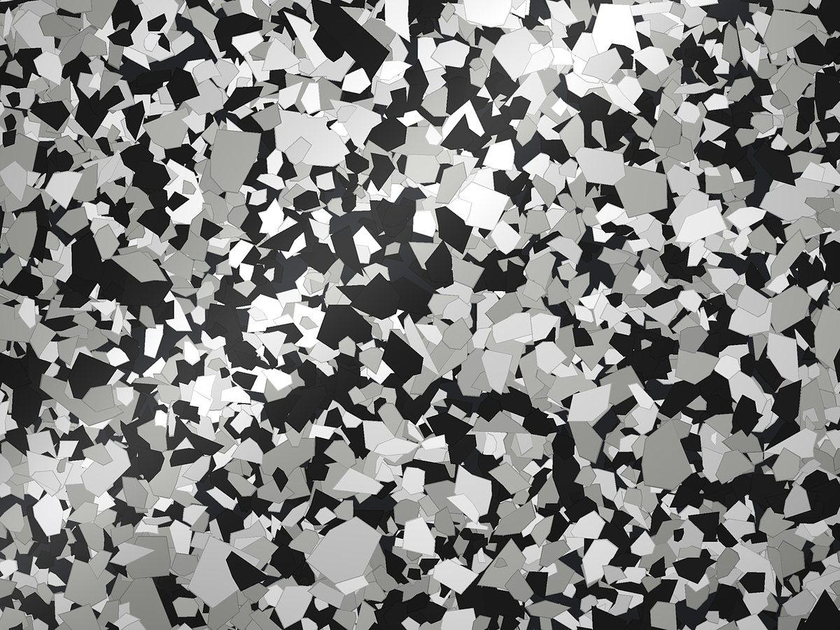 Rendered swatch of Checkmate flake colors: black, light granite gray, white