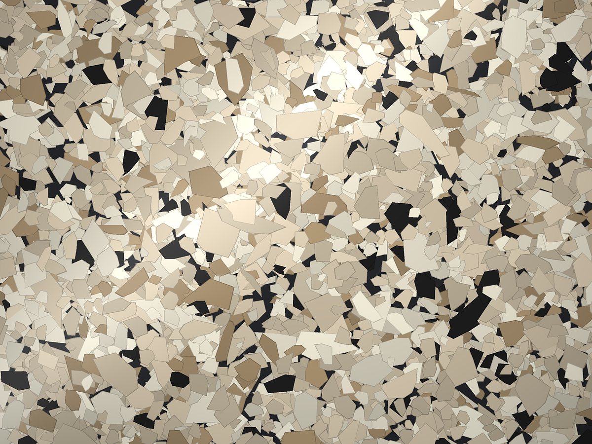 Rendered swatch of Coastline flake colors: cream, ivory, light brown, black