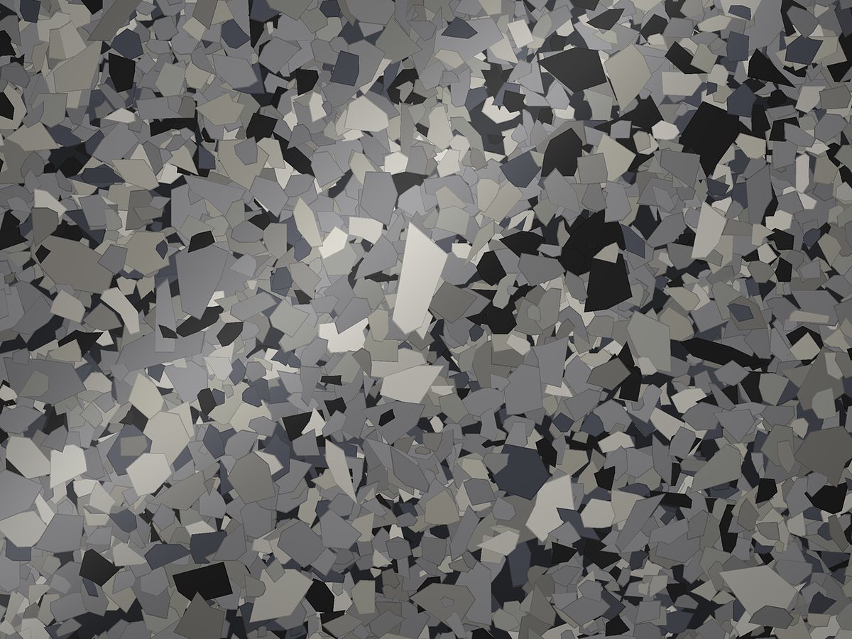 Rendered swatch of Midnight Granite flake colors: charcoal, black, blue slate, neutral gray, dark gray, mid gray, warm light gray