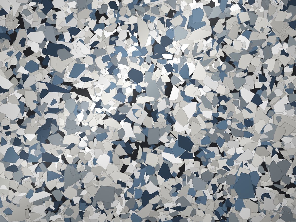 Rendered swatch of Riptide flake colors: white, cool gray, off-white, warm white, slate blue, deep blue