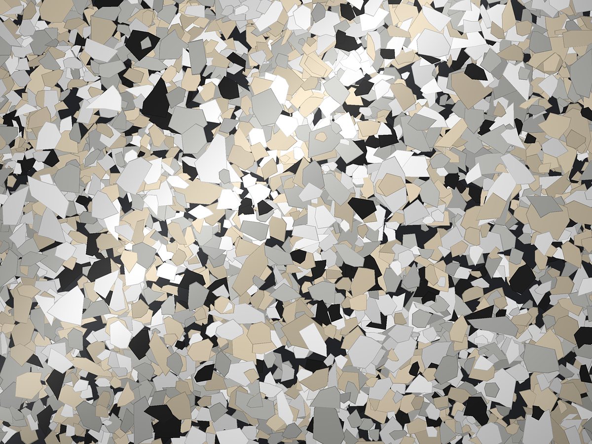 Rendered swatch of River Rocks flake colors: light granite gray, cream, white, black